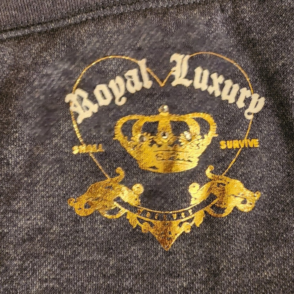 NWOT Planet Gold Royal Luxury Jogger Sweatpants Grey Gold Crown Rhinestone Large